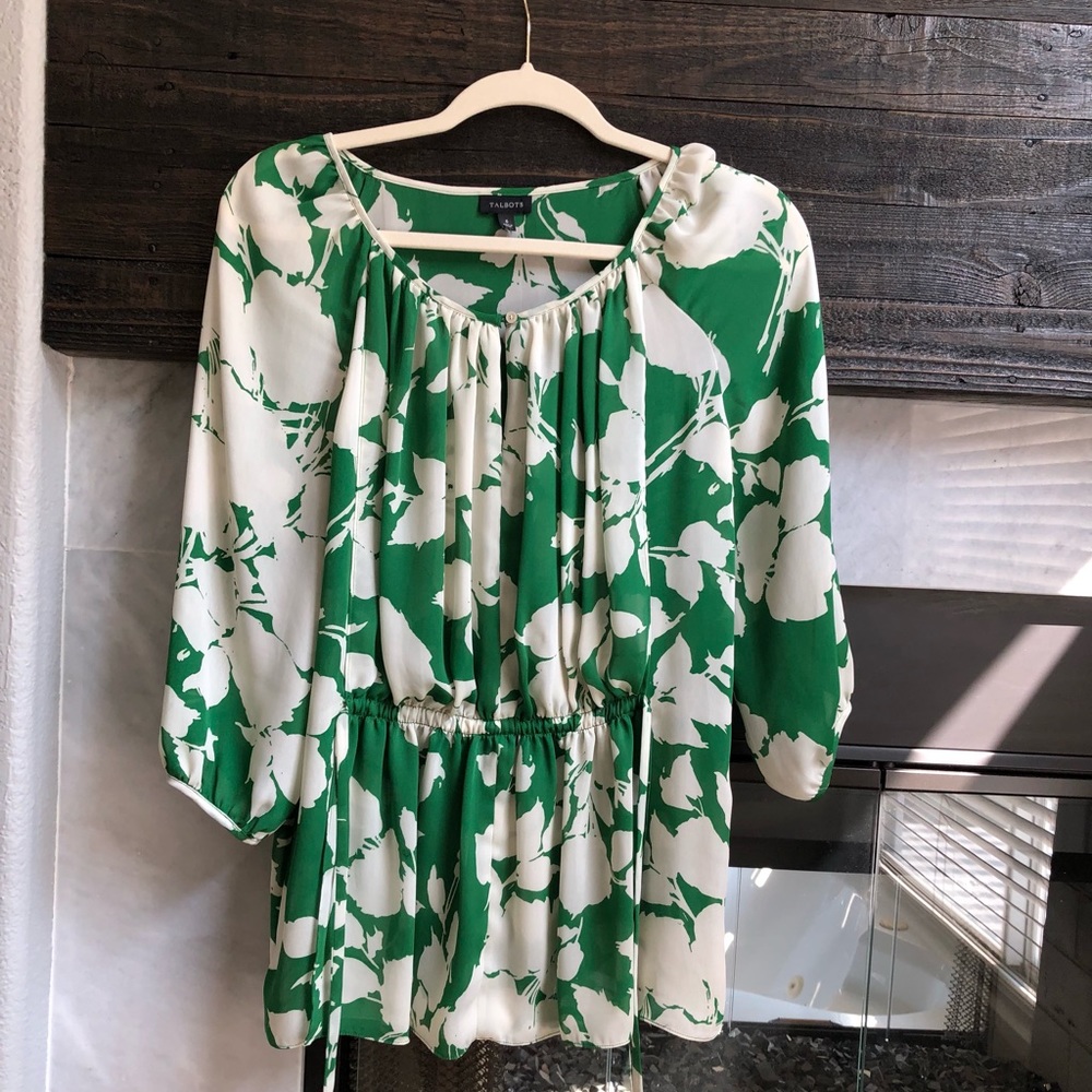 Talbots Leafy Green and White Blouse